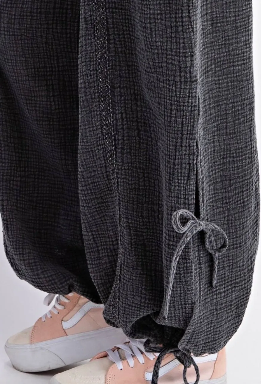 Mineral Washed Pants Gauze In Black With Lace Detailing By Easel ONLY 2 LEFT!