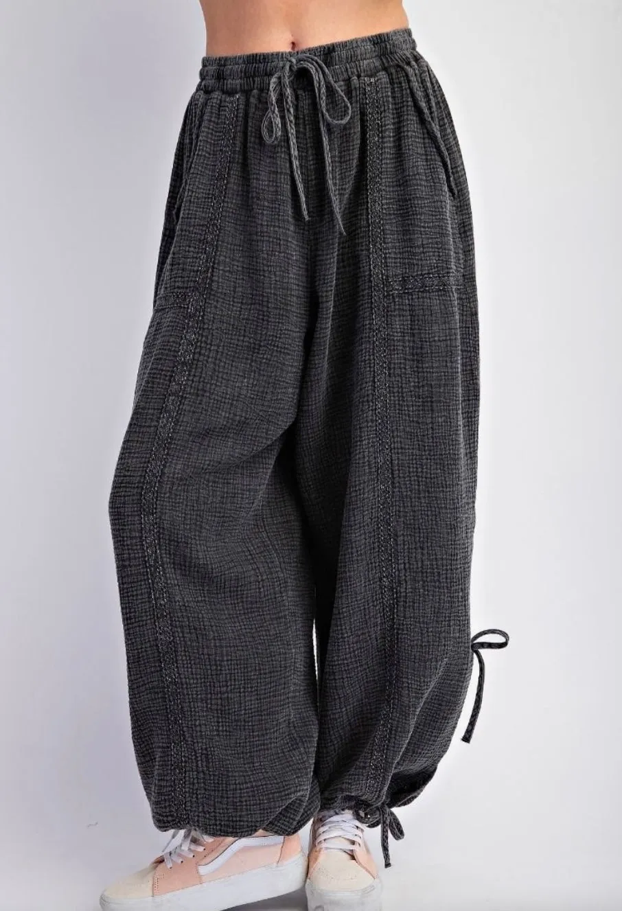 Mineral Washed Pants Gauze In Black With Lace Detailing By Easel ONLY 2 LEFT!
