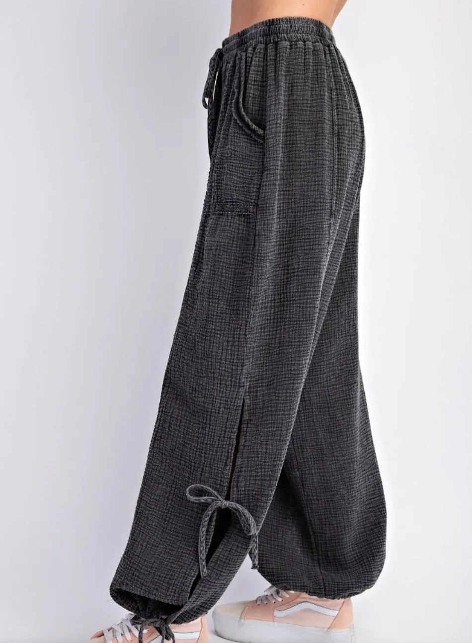 Mineral Washed Pants Gauze In Black With Lace Detailing By Easel ONLY 2 LEFT!
