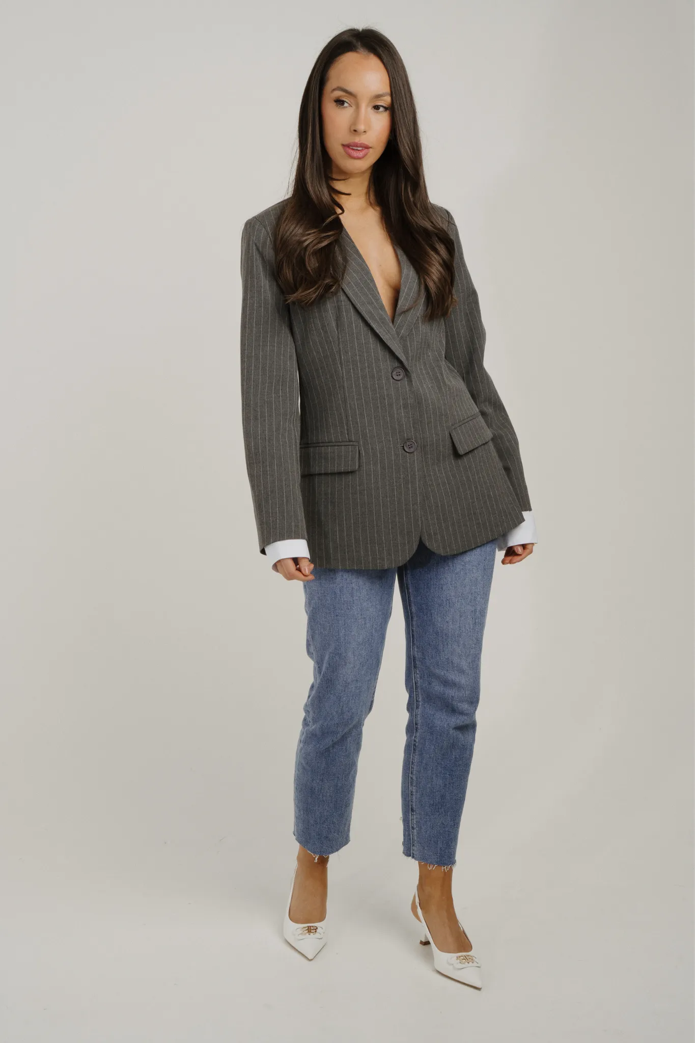 Nadia Pinstripe Blazer In Light Grey