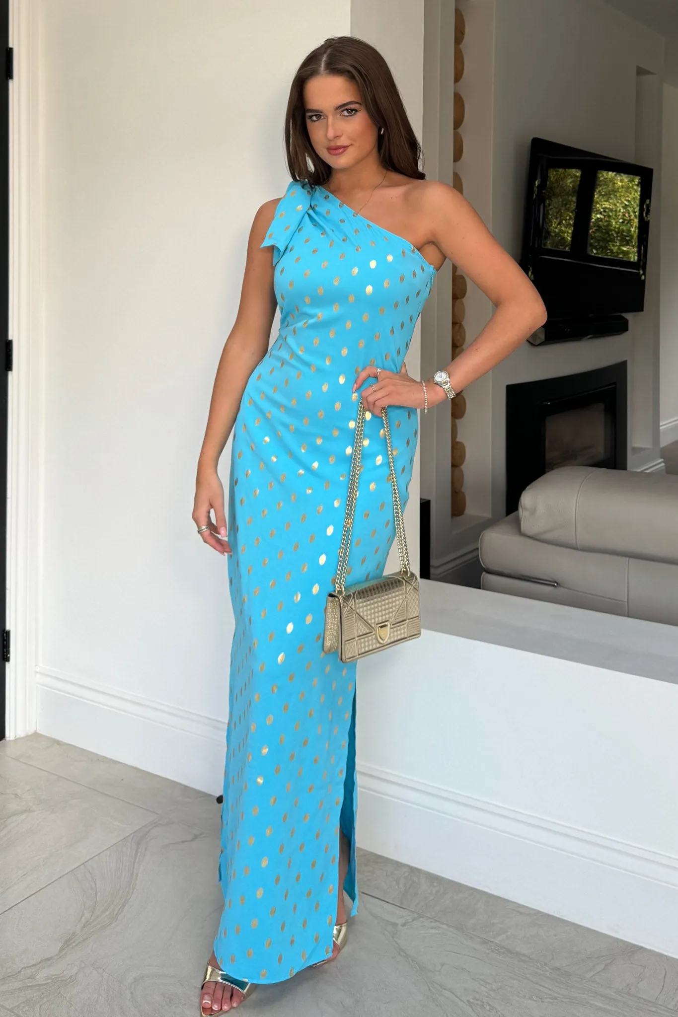 Nancy Blue & Gold One Shoulder Bow Detail Maxi Dress