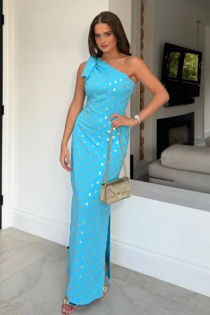 Nancy Blue & Gold One Shoulder Bow Detail Maxi Dress