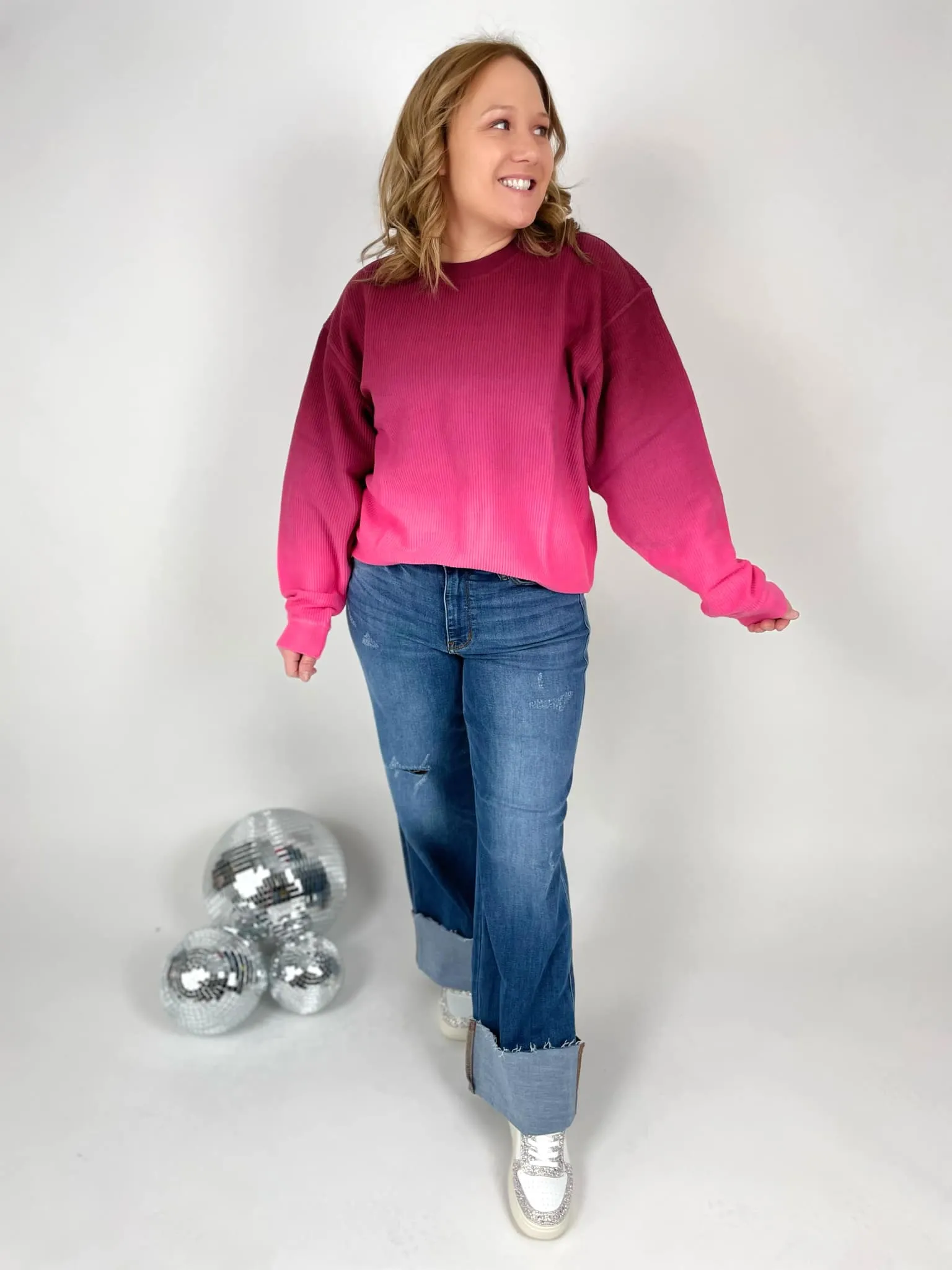 Ombre Cozy Cord Sweatshirt - Maroon/Pink