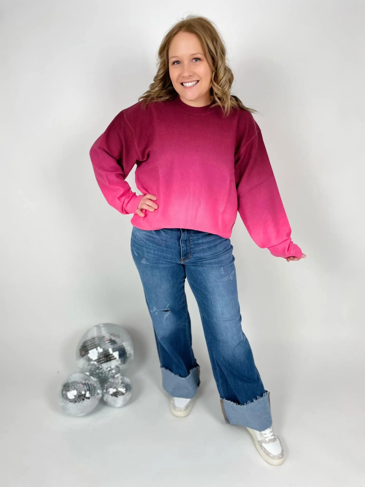 Ombre Cozy Cord Sweatshirt - Maroon/Pink