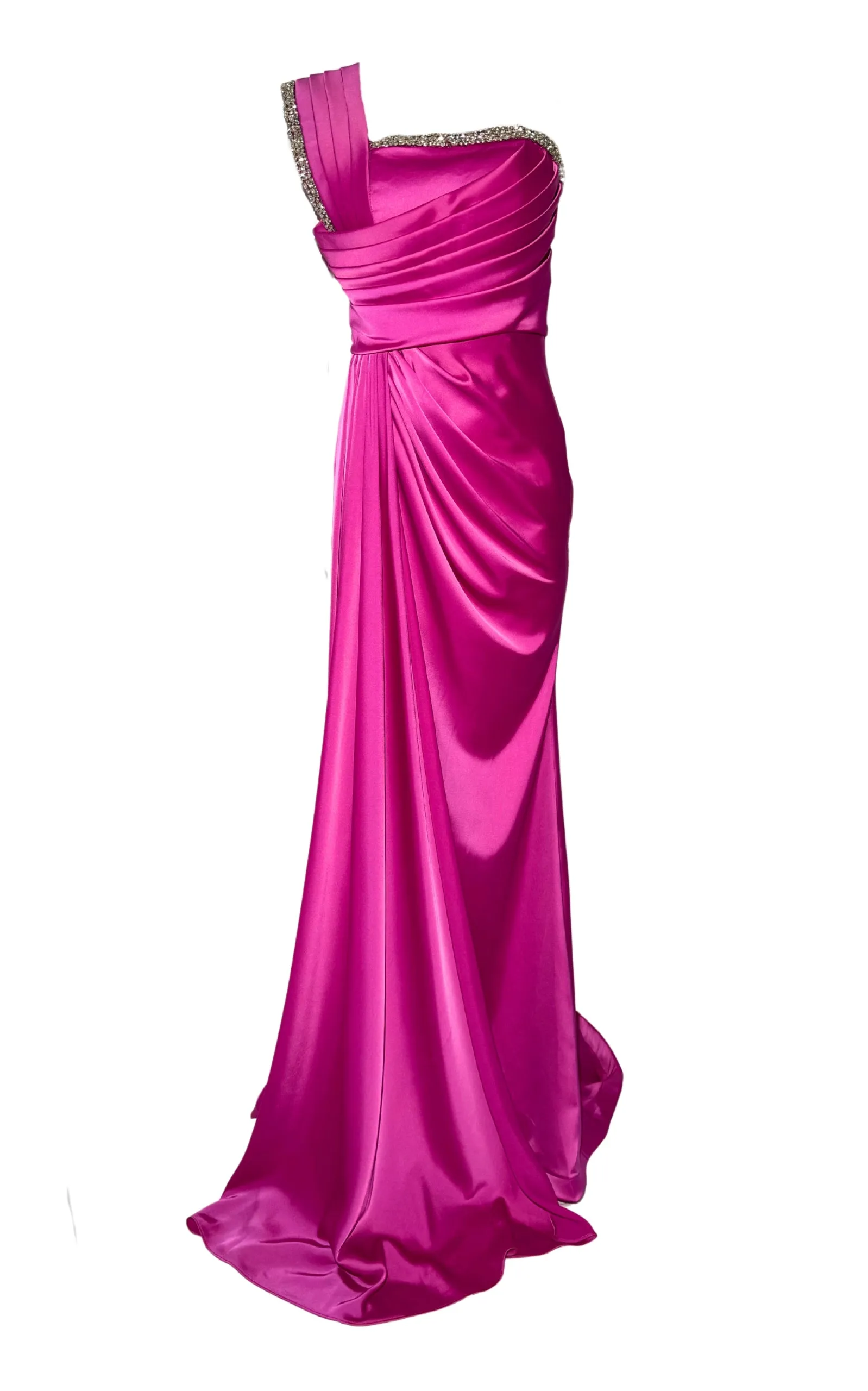 One Shoulder Satin Pleated Crystal Embellished Pink Prom Dresses