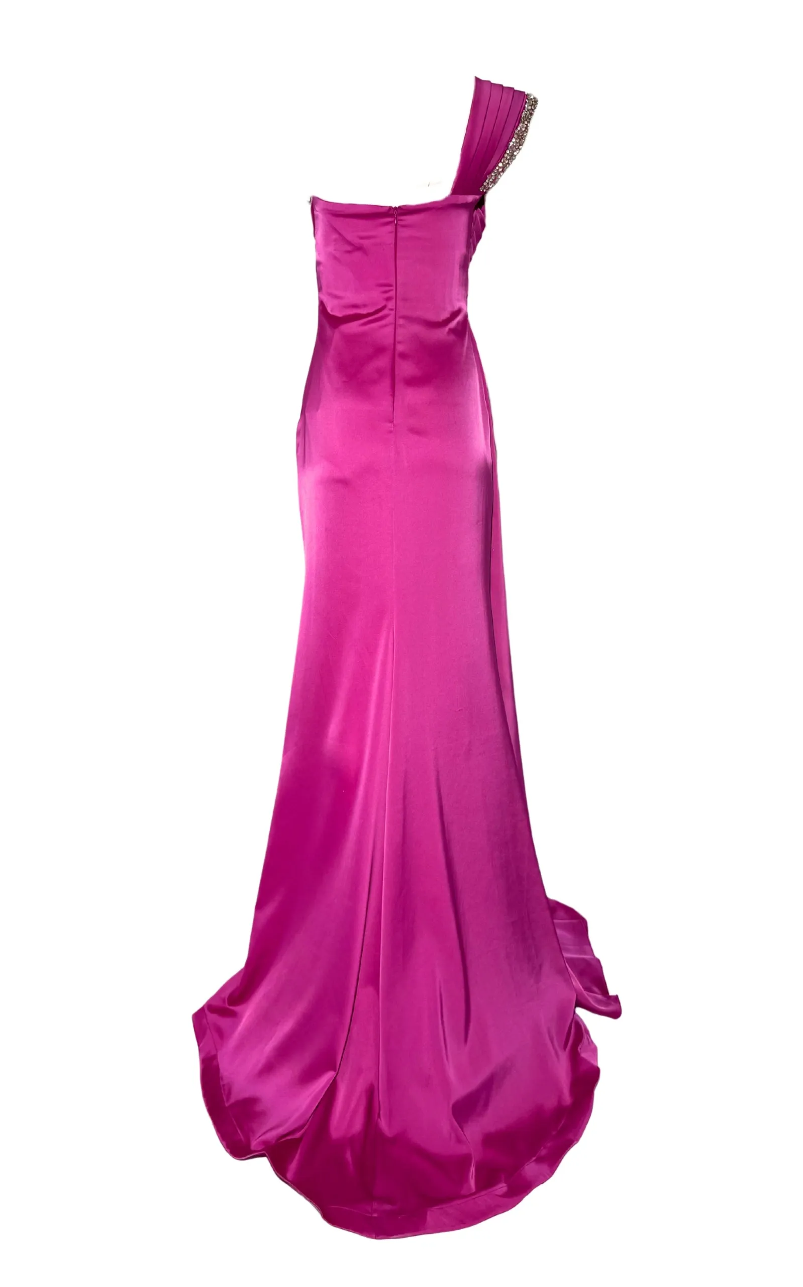 One Shoulder Satin Pleated Crystal Embellished Pink Prom Dresses