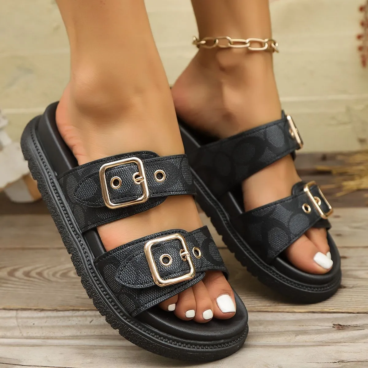 Open Toe Double Buckle Sandals