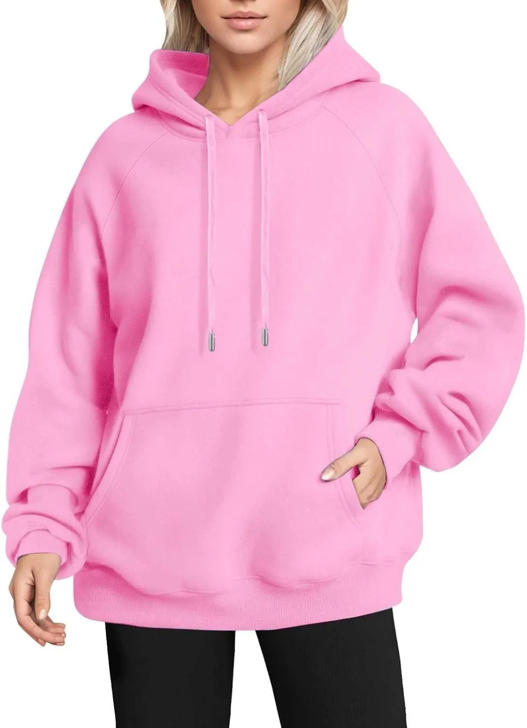 Oversized Hoodies for Women Trendy Drawstring Fleece Plain Comfy Hoodie Loose Fit Preppy Raglan Hooded Sweatshirt