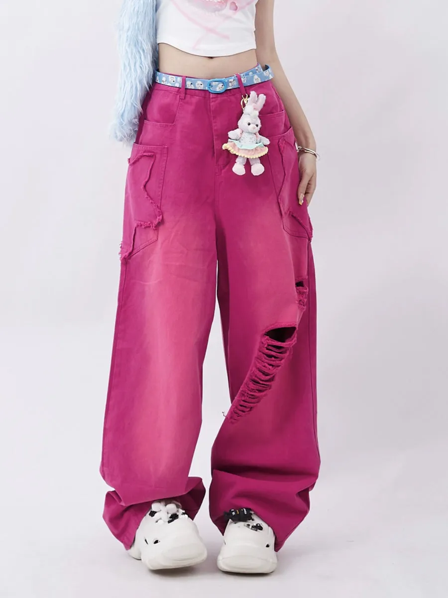 Pink Ripped Loose Fit Denim Jeans