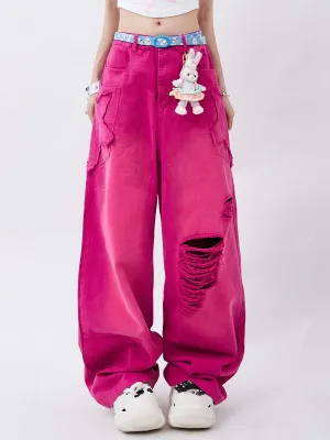 Pink Ripped Loose Fit Denim Jeans