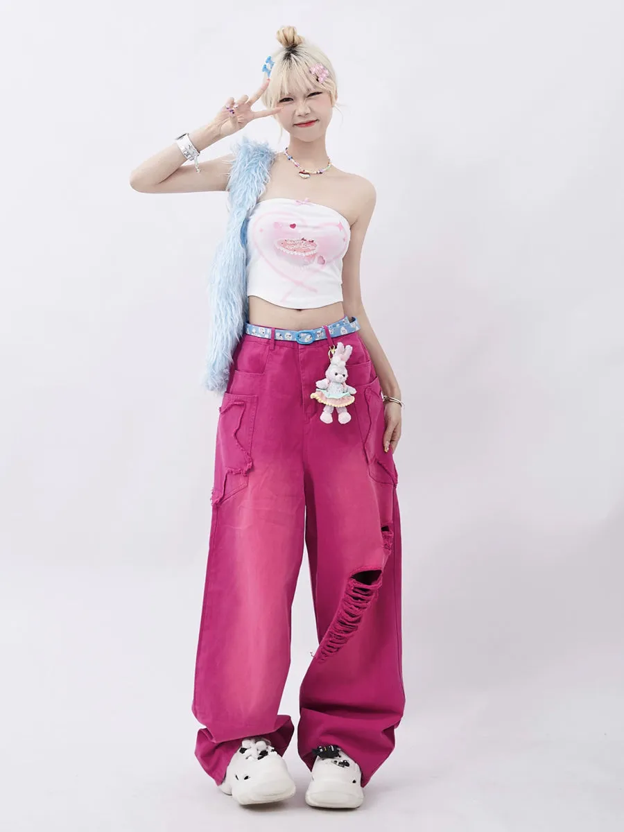 Pink Ripped Loose Fit Denim Jeans