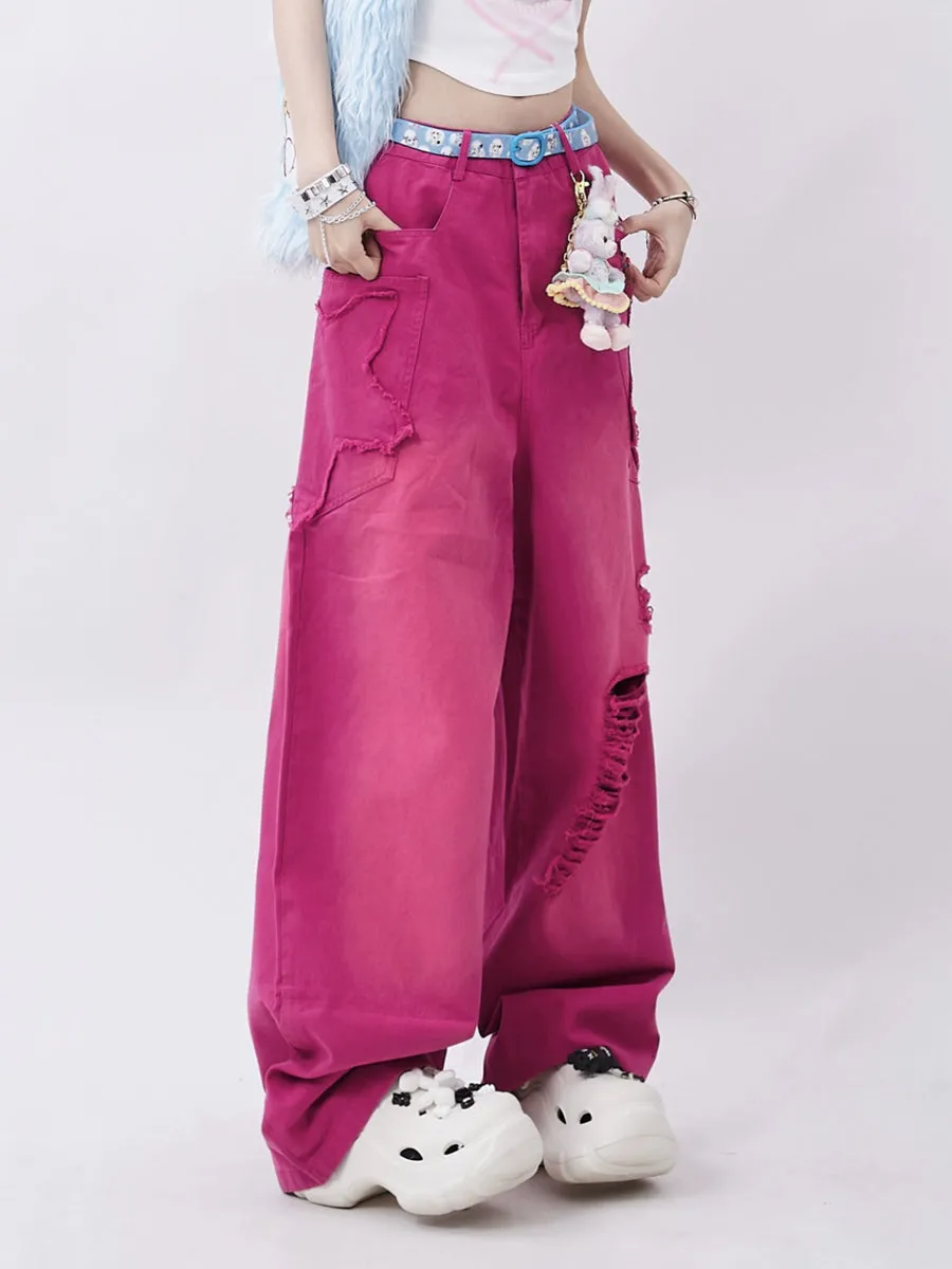 Pink Ripped Loose Fit Denim Jeans