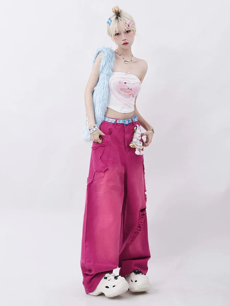 Pink Ripped Loose Fit Denim Jeans