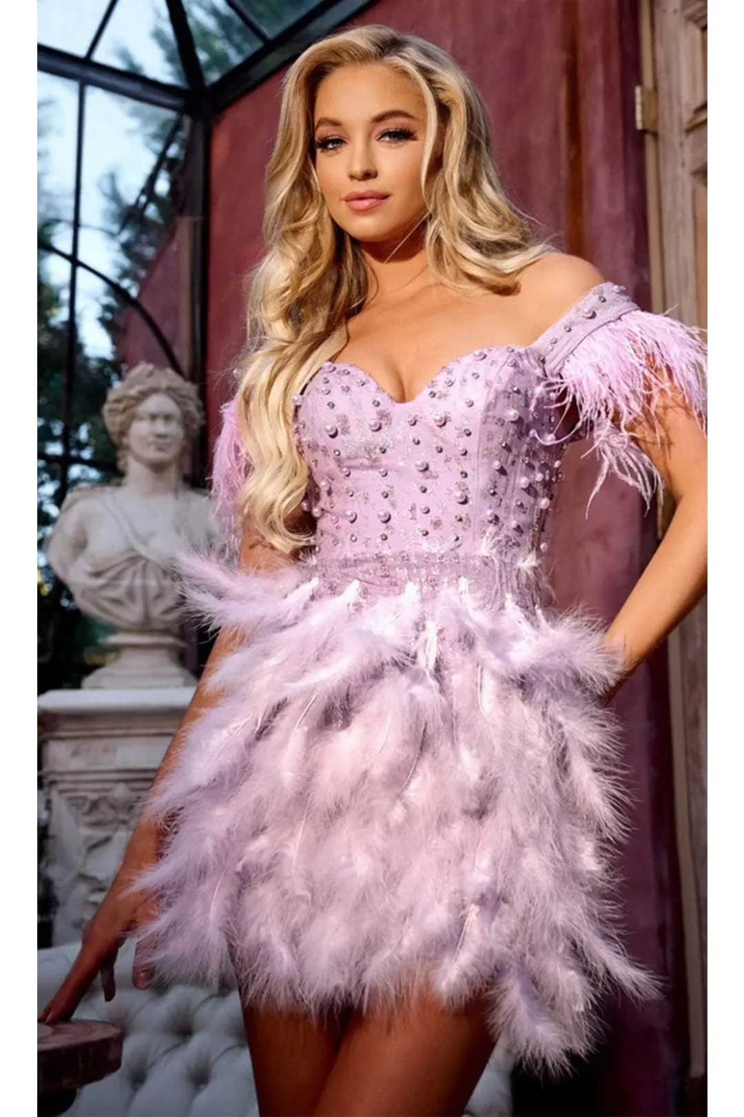 Portia and Scarlett PS24023 -short- Sweetheart Cocktail Dress with Feather Accents