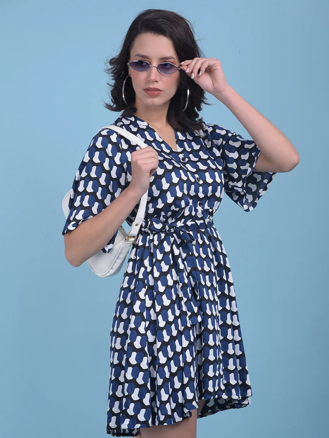Printed Navy Blue A-Line Dress