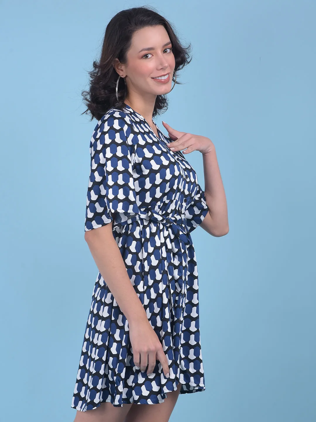 Printed Navy Blue A-Line Dress