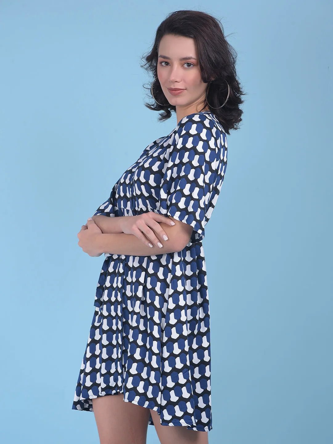 Printed Navy Blue A-Line Dress