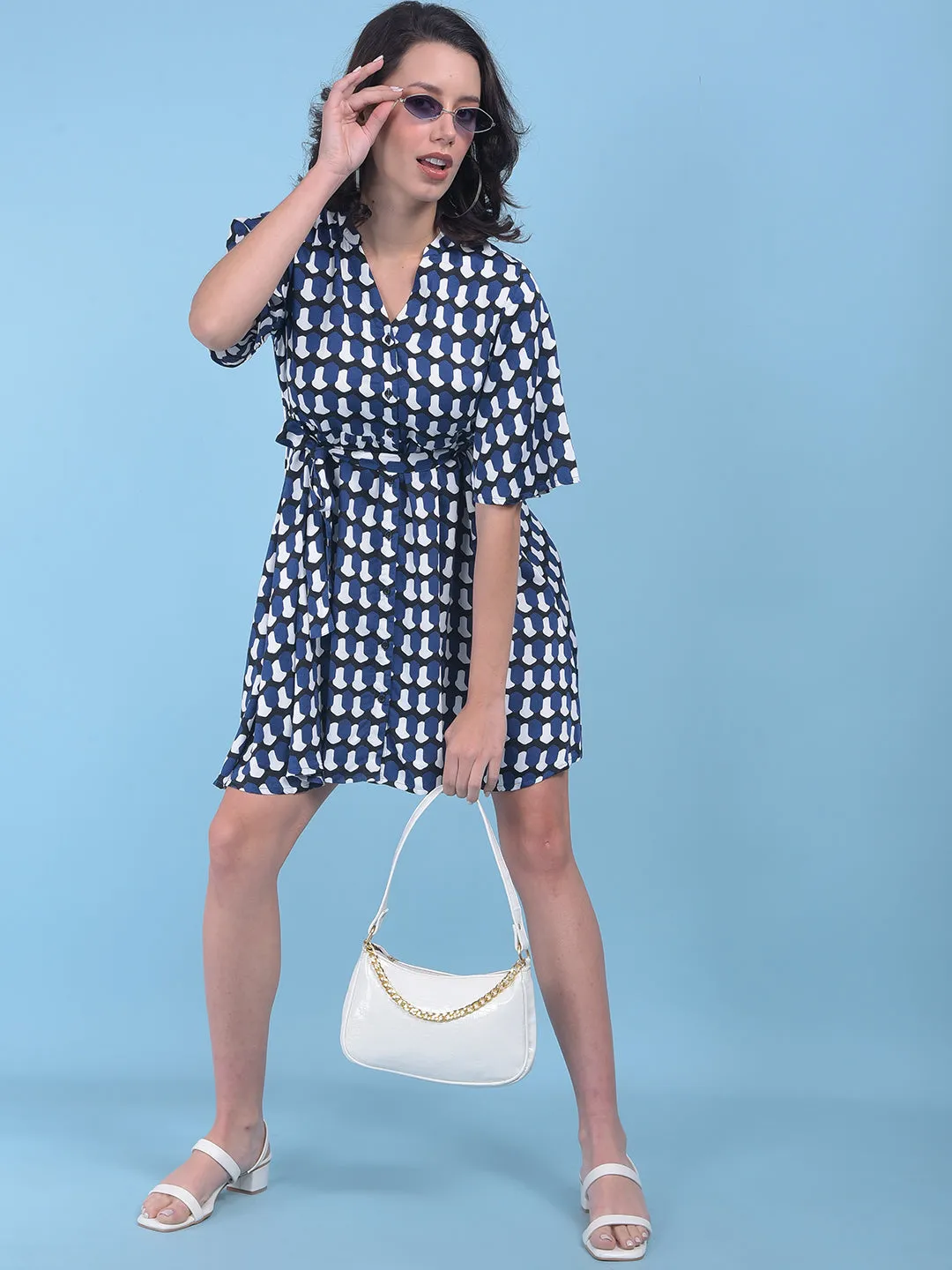 Printed Navy Blue A-Line Dress