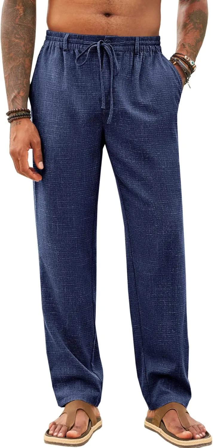 Runcati Mens Casual Pants Linen Elastic Waist Drawstring Lightweight Pants Loose Fit Summer Beach Yoga Trouser