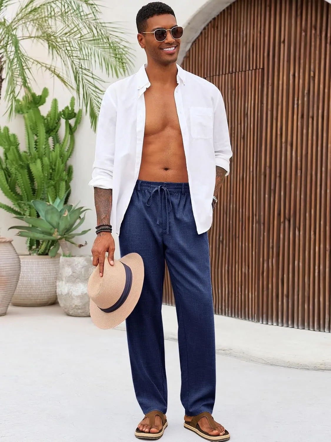 Runcati Mens Casual Pants Linen Elastic Waist Drawstring Lightweight Pants Loose Fit Summer Beach Yoga Trouser