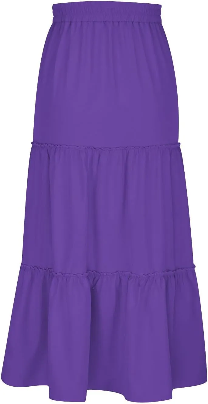 Summer Basic Midi Skirt for Women Layered Ruffle Flowy A-Line Skirts Drawstring Elastic High Waist Swing Beach Skirt