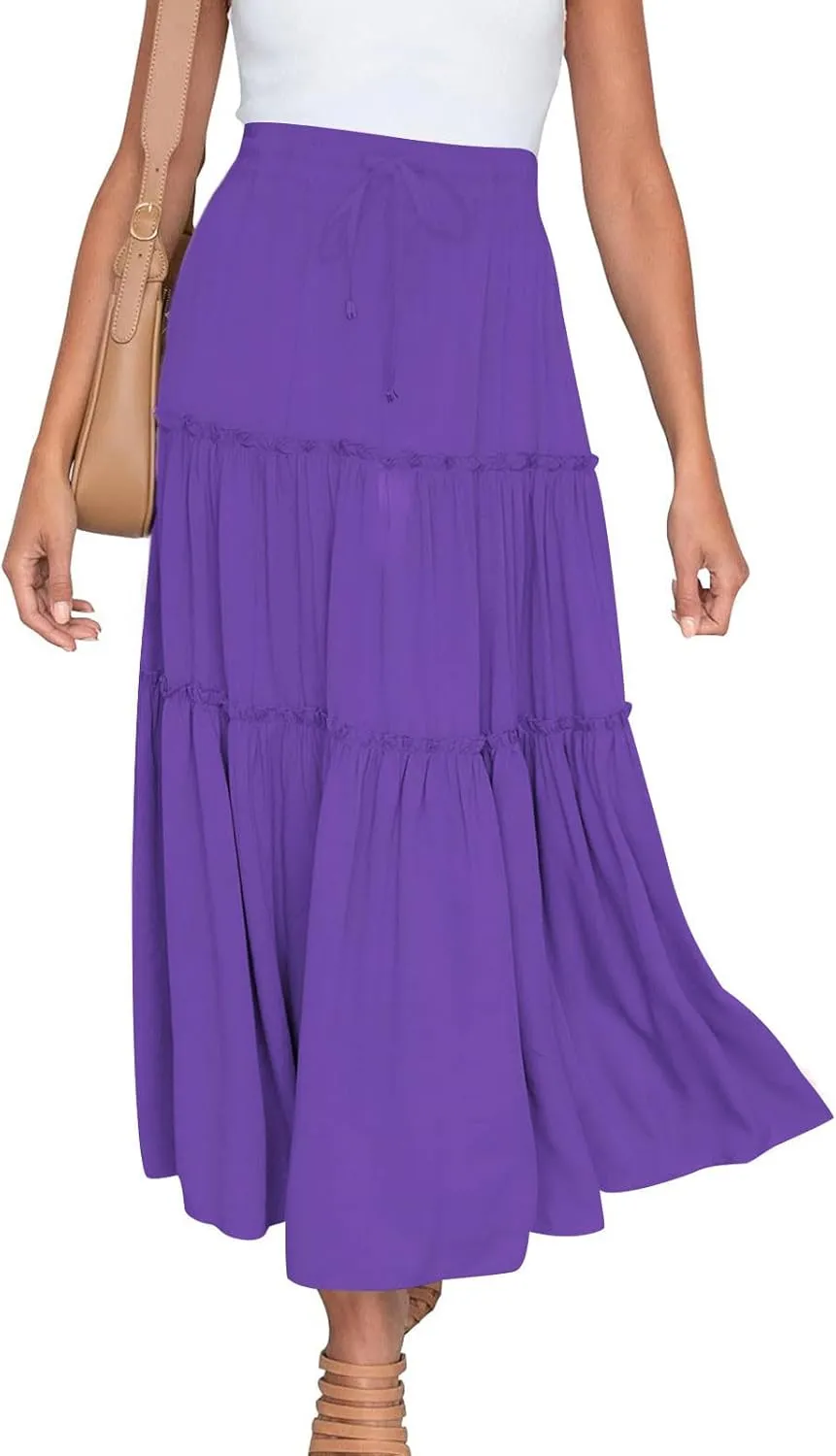 Summer Basic Midi Skirt for Women Layered Ruffle Flowy A-Line Skirts Drawstring Elastic High Waist Swing Beach Skirt