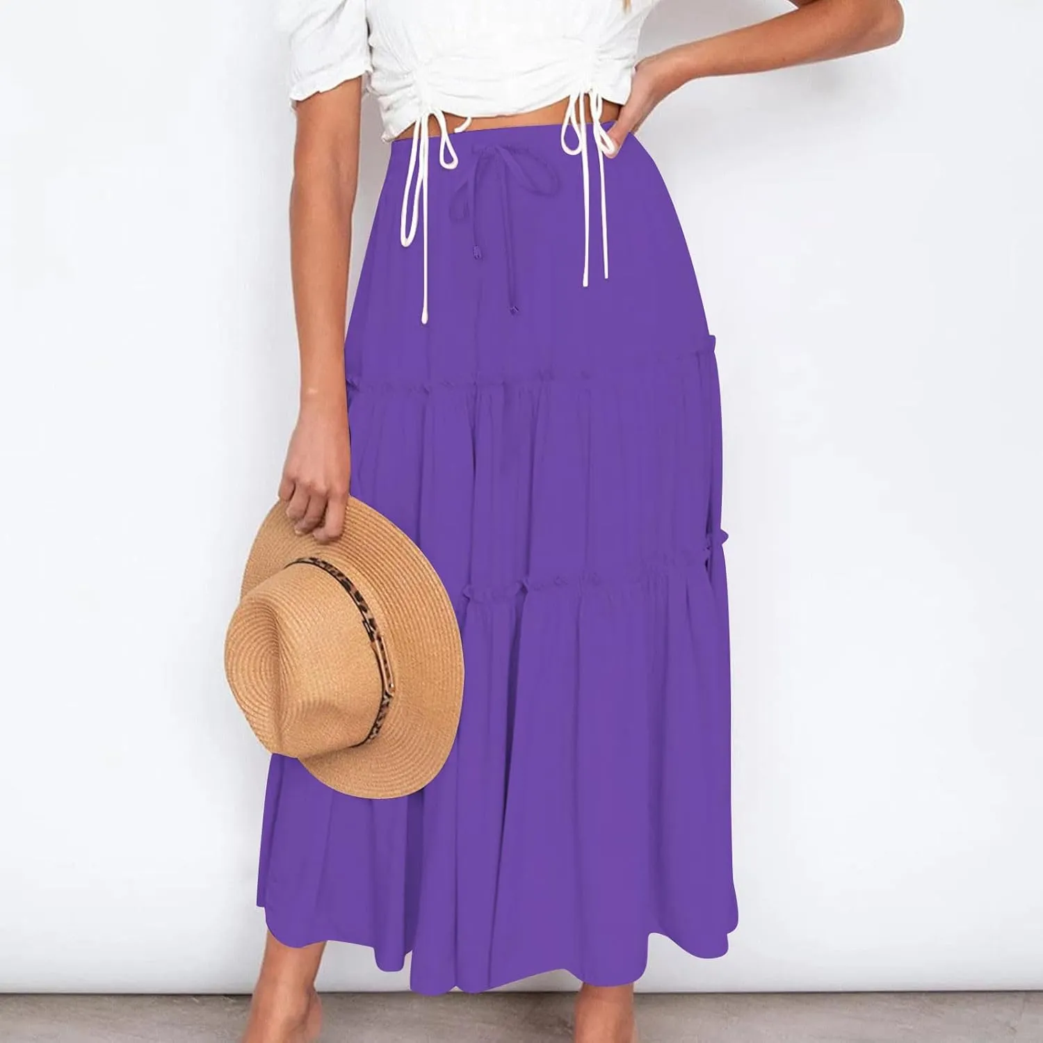 Summer Basic Midi Skirt for Women Layered Ruffle Flowy A-Line Skirts Drawstring Elastic High Waist Swing Beach Skirt