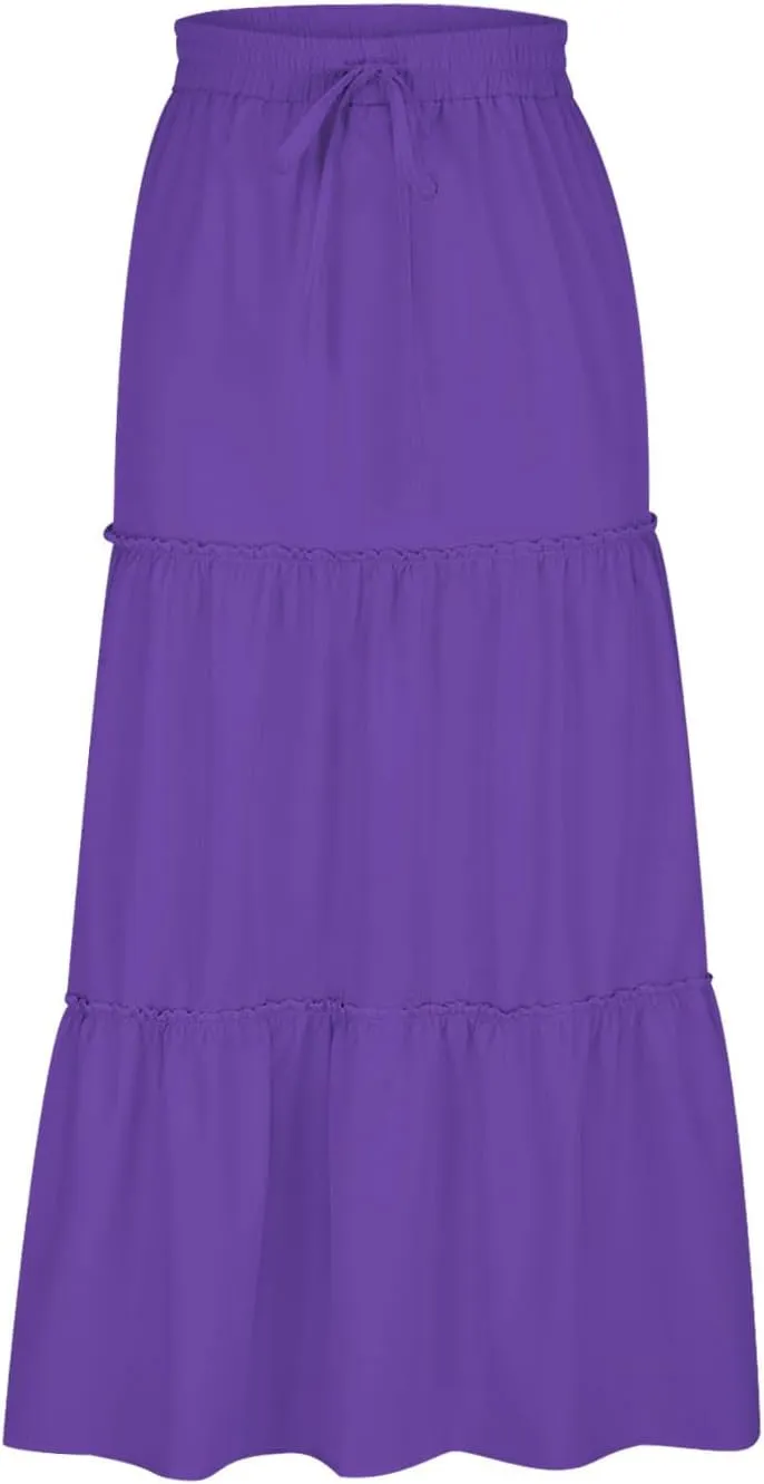 Summer Basic Midi Skirt for Women Layered Ruffle Flowy A-Line Skirts Drawstring Elastic High Waist Swing Beach Skirt