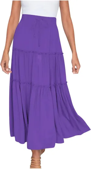 Summer Basic Midi Skirt for Women Layered Ruffle Flowy A-Line Skirts Drawstring Elastic High Waist Swing Beach Skirt