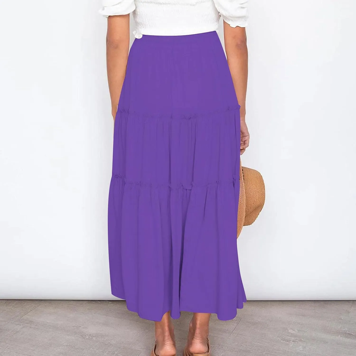 Summer Basic Midi Skirt for Women Layered Ruffle Flowy A-Line Skirts Drawstring Elastic High Waist Swing Beach Skirt
