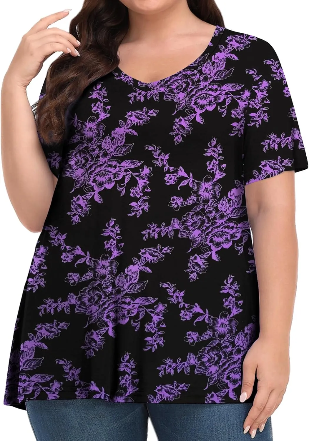 Tencede Womens Plus Size Tops Short Sleeve Tunic Shirts V Neck Summer Floral Loose Fit Blouse XL-5X