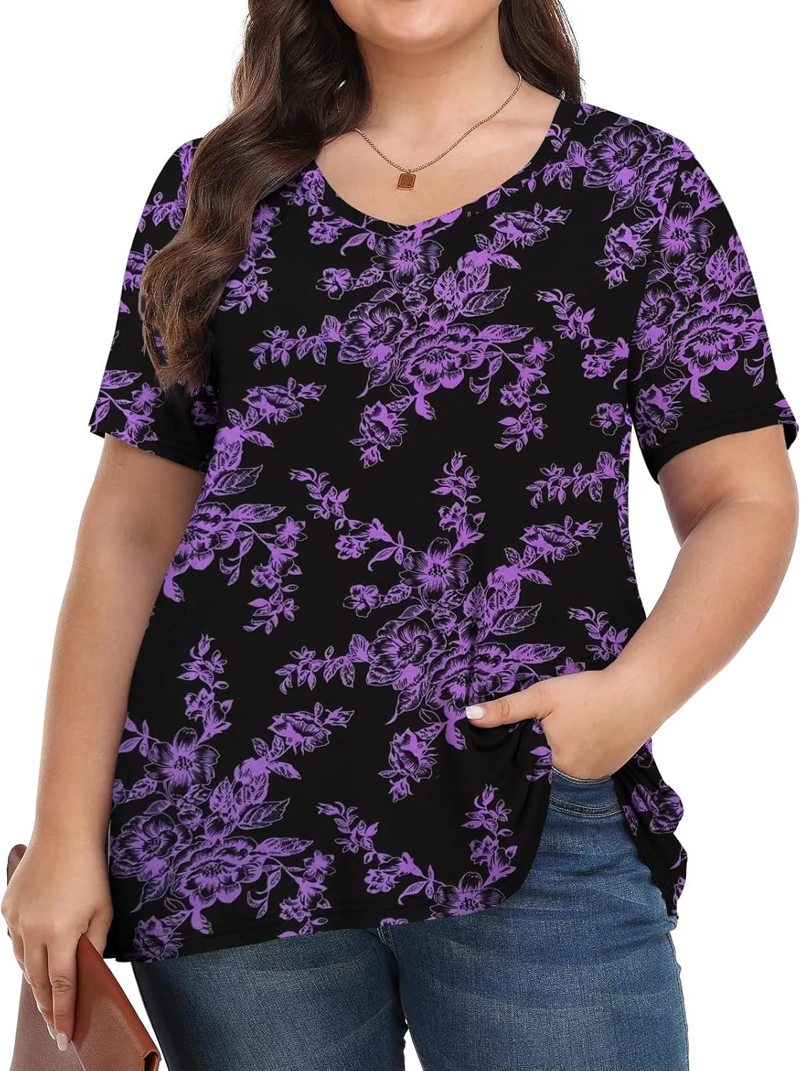 Tencede Womens Plus Size Tops Short Sleeve Tunic Shirts V Neck Summer Floral Loose Fit Blouse XL-5X