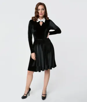Unique Vintage Black Velvet Long Sleeved Wednesday Flare Dress