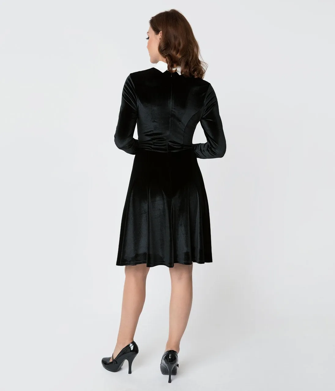 Unique Vintage Black Velvet Long Sleeved Wednesday Flare Dress
