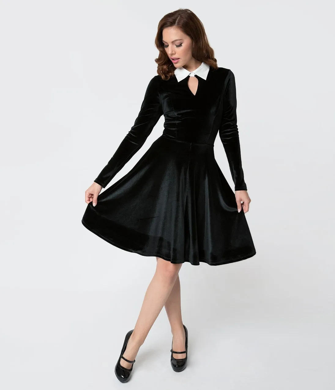 Unique Vintage Black Velvet Long Sleeved Wednesday Flare Dress