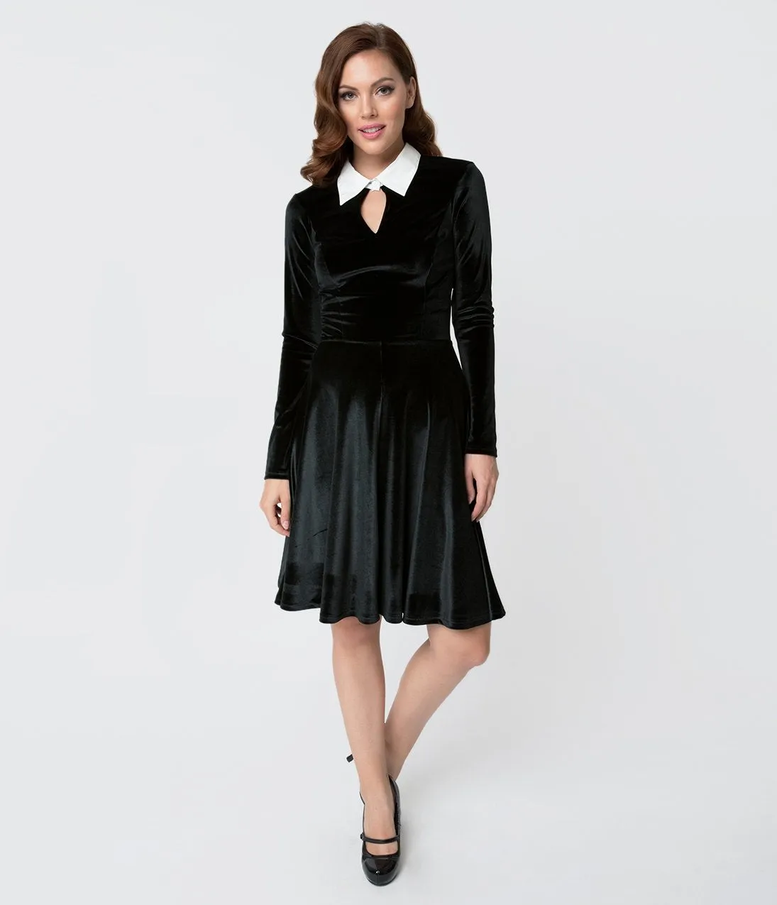 Unique Vintage Black Velvet Long Sleeved Wednesday Flare Dress