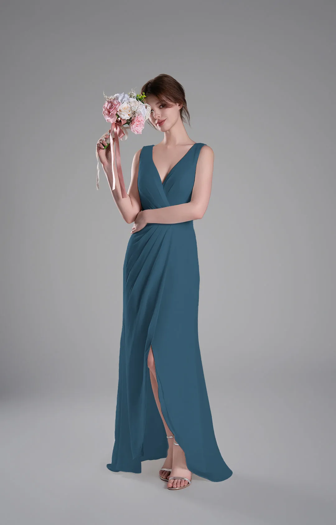 V-Neck Crossover Bodice Pleated Front Slit Dresses