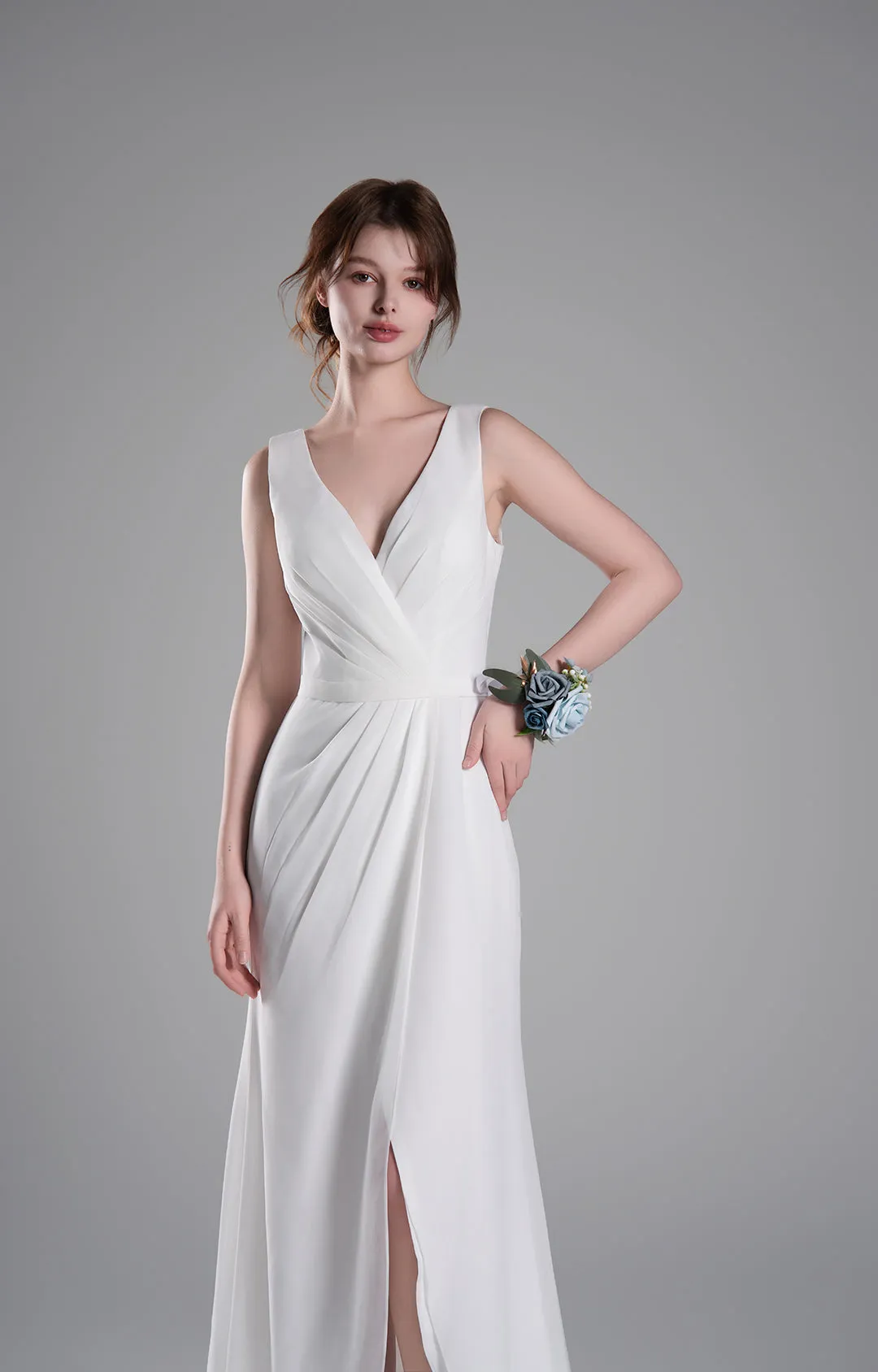 V-Neck Crossover Bodice Pleated Front Slit Dresses
