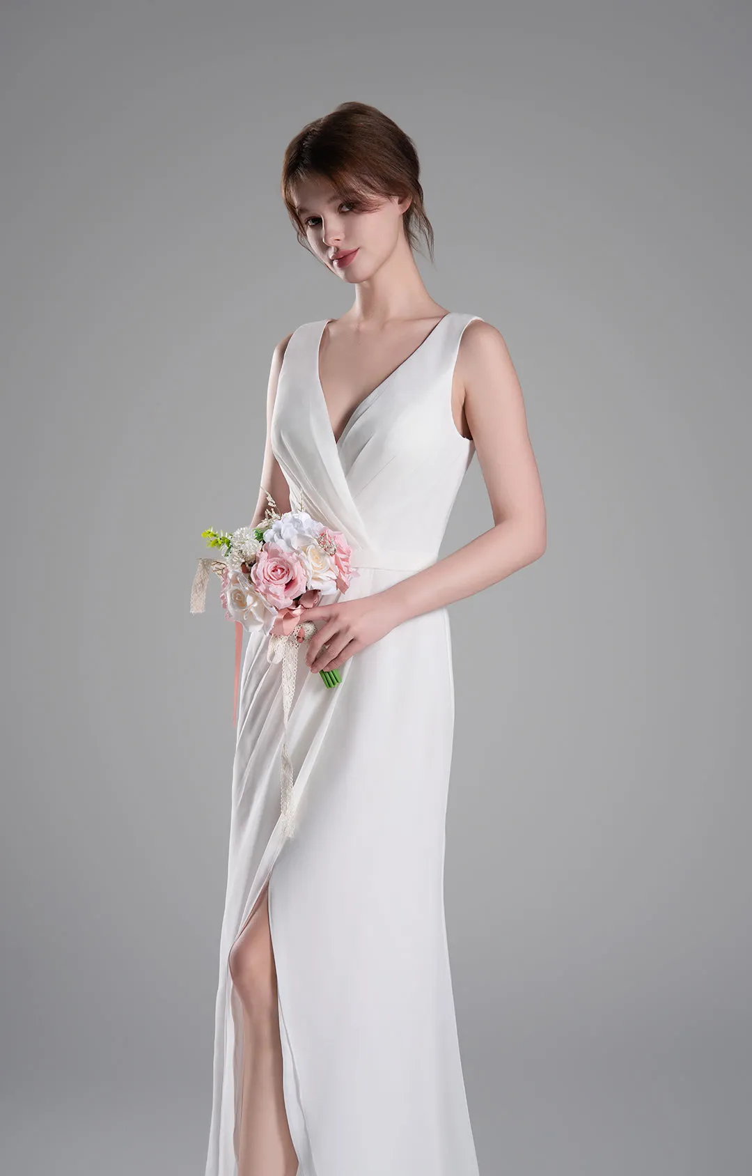 V-Neck Crossover Bodice Pleated Front Slit Dresses