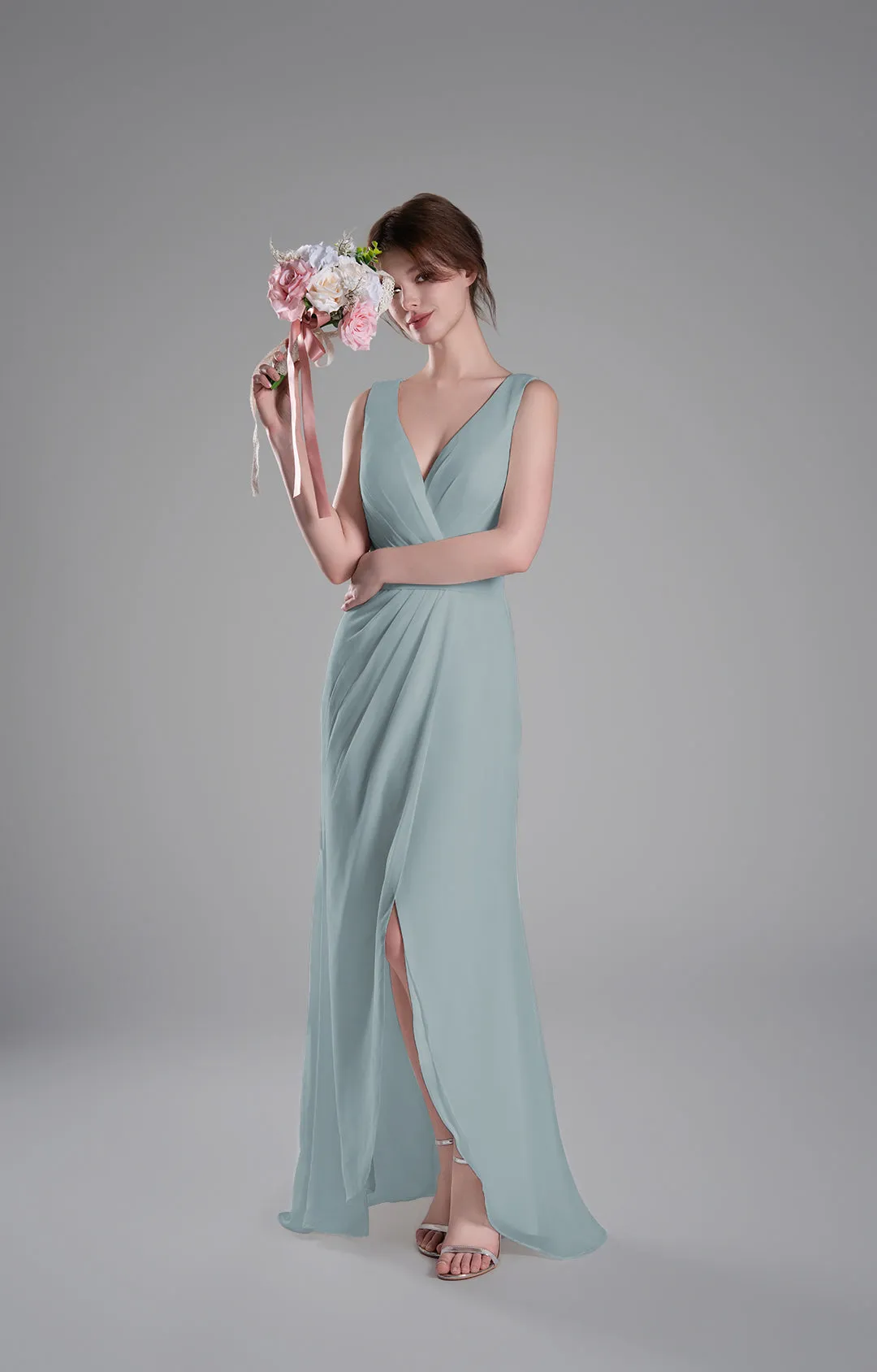 V-Neck Crossover Bodice Pleated Front Slit Dresses