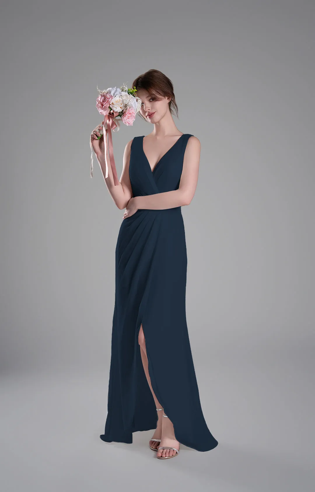 V-Neck Crossover Bodice Pleated Front Slit Dresses