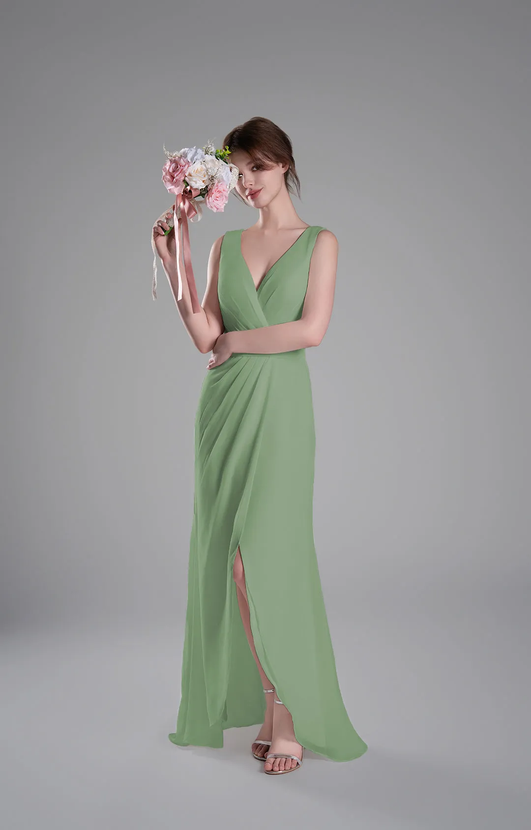 V-Neck Crossover Bodice Pleated Front Slit Dresses