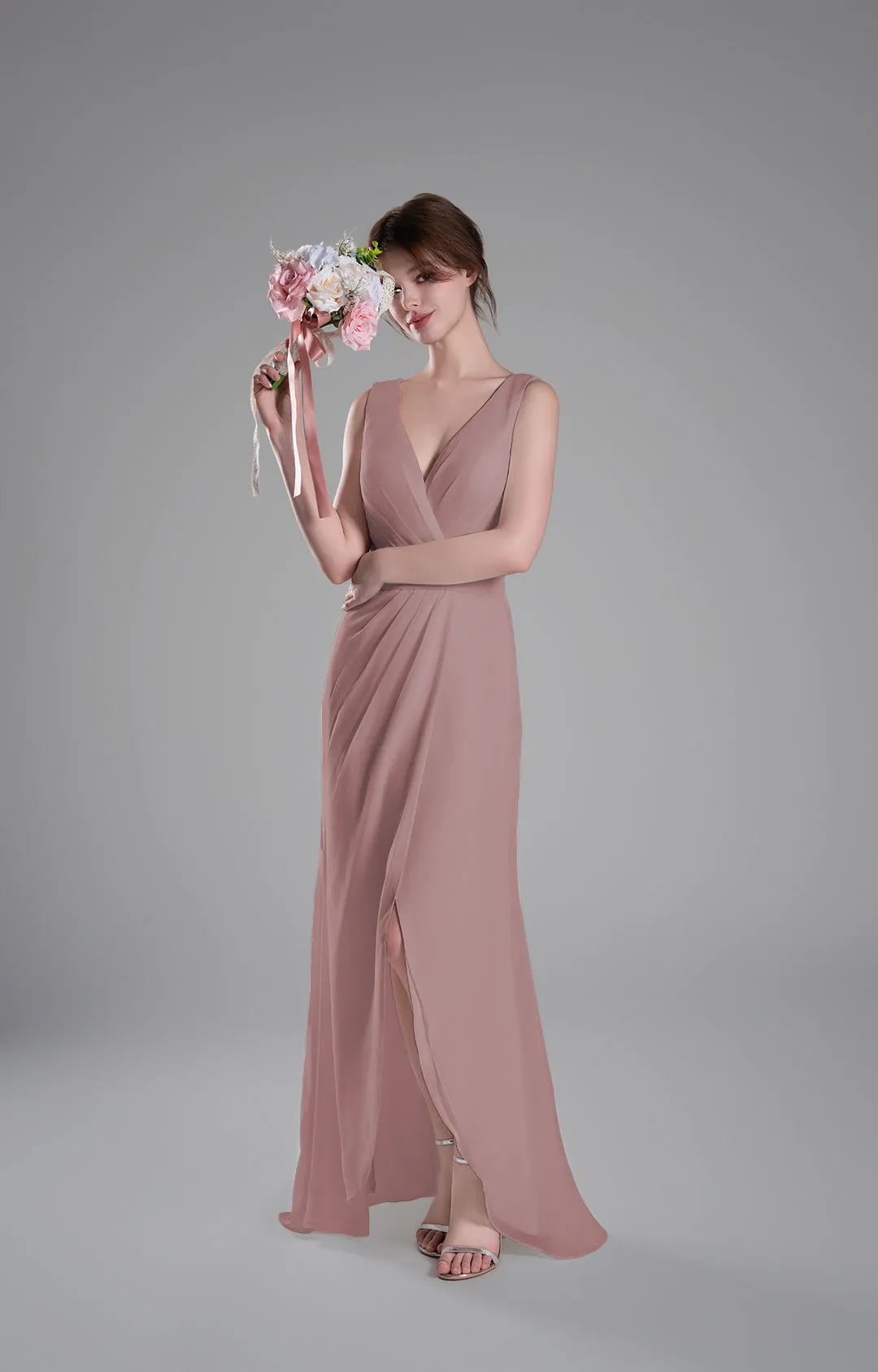 V-Neck Crossover Bodice Pleated Front Slit Dresses