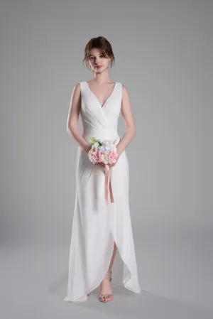 V-Neck Crossover Bodice Pleated Front Slit Dresses