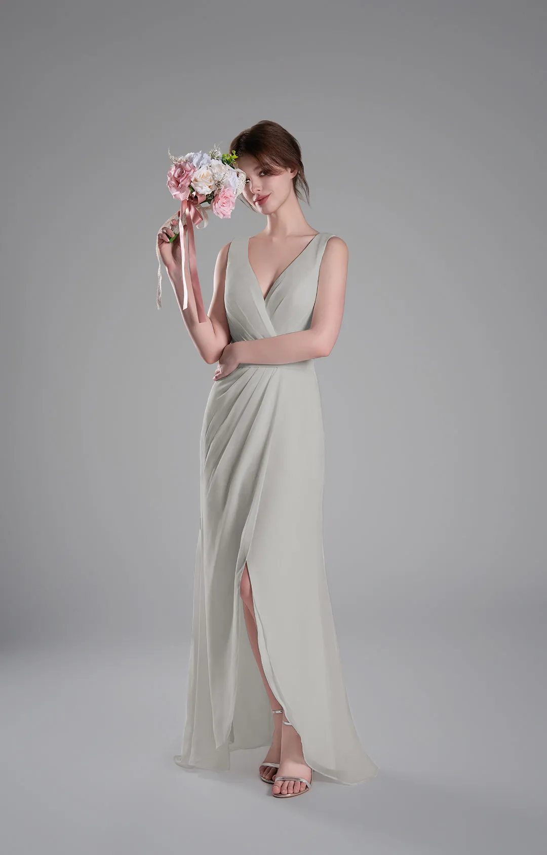 V-Neck Crossover Bodice Pleated Front Slit Dresses