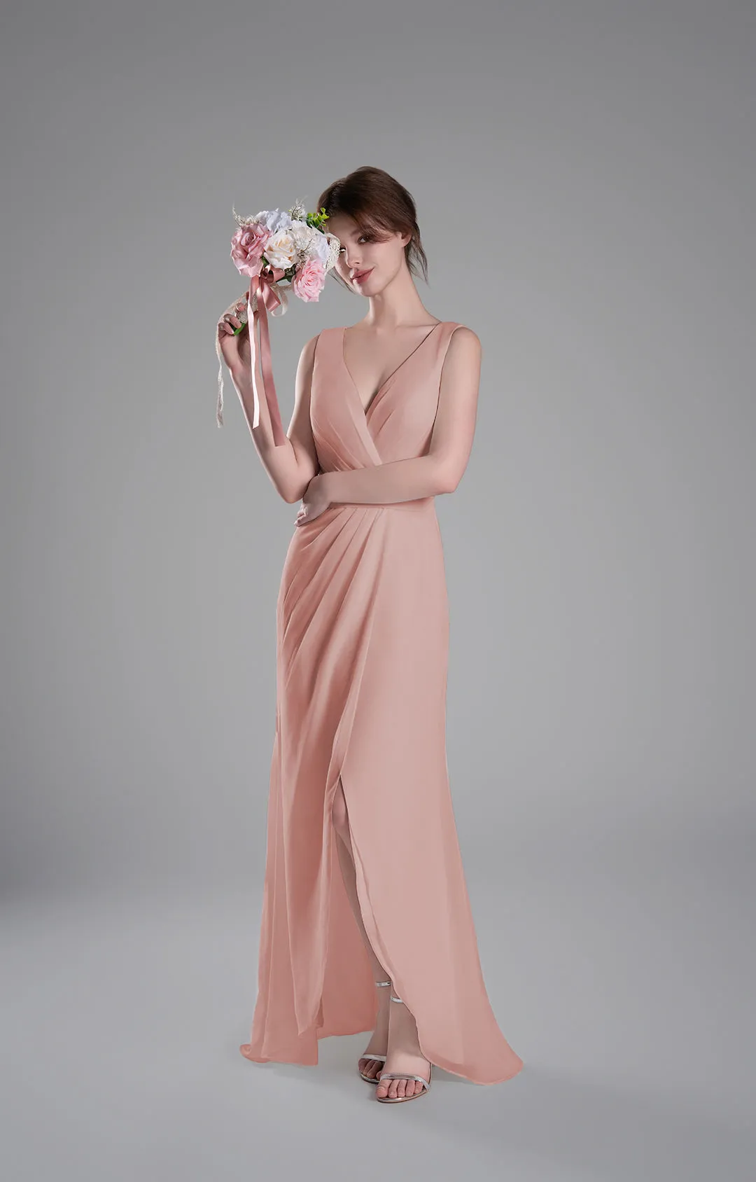V-Neck Crossover Bodice Pleated Front Slit Dresses