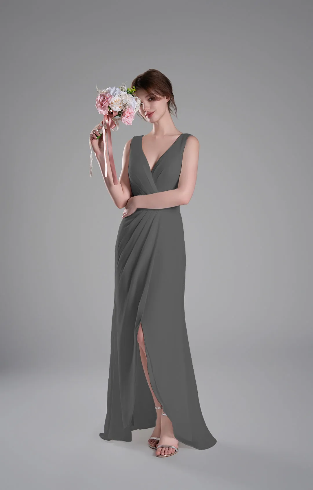 V-Neck Crossover Bodice Pleated Front Slit Dresses