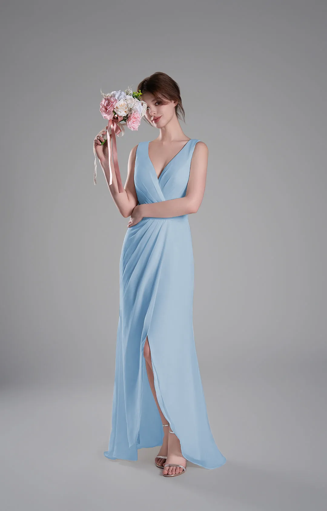 V-Neck Crossover Bodice Pleated Front Slit Dresses