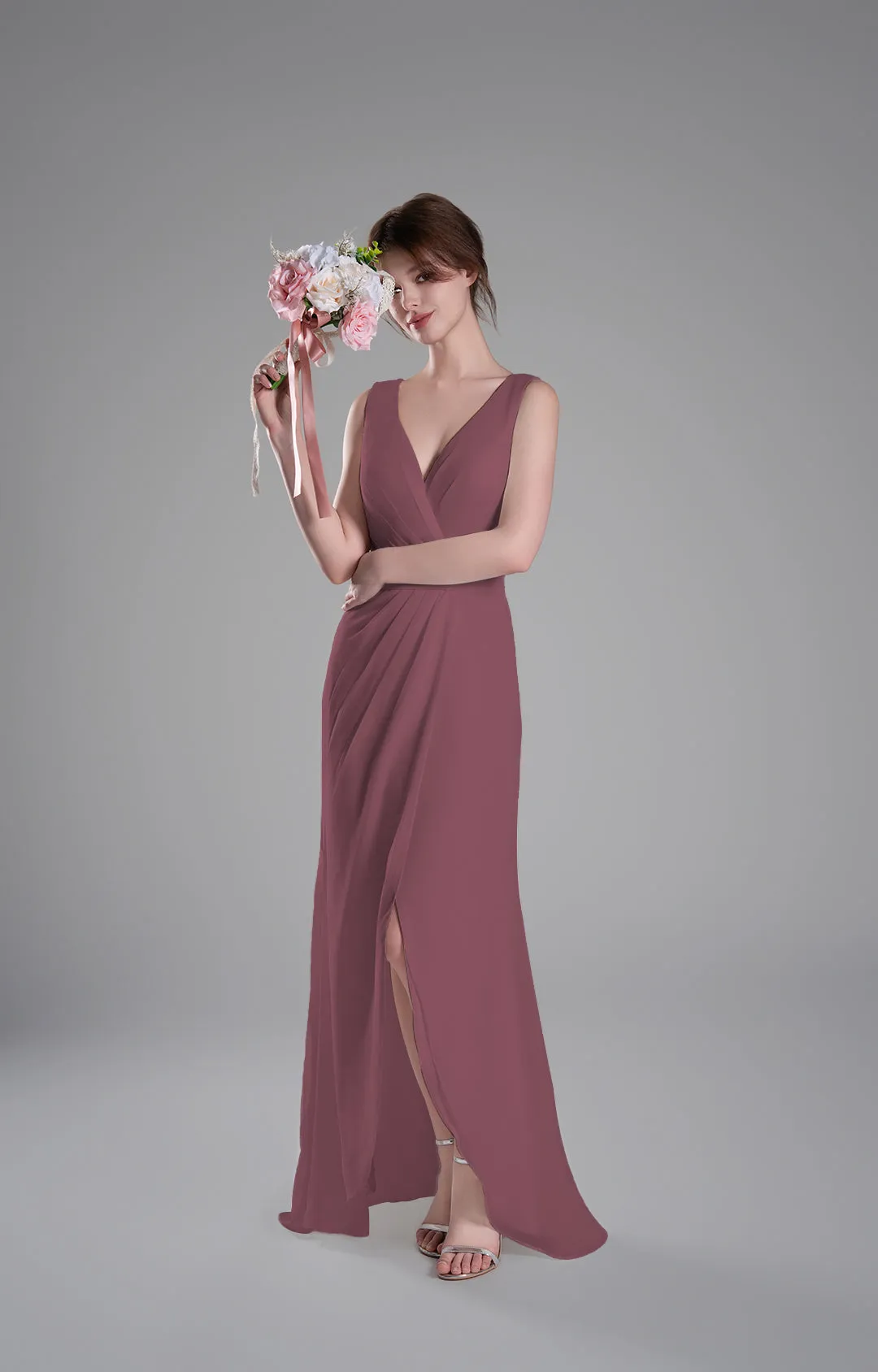 V-Neck Crossover Bodice Pleated Front Slit Dresses