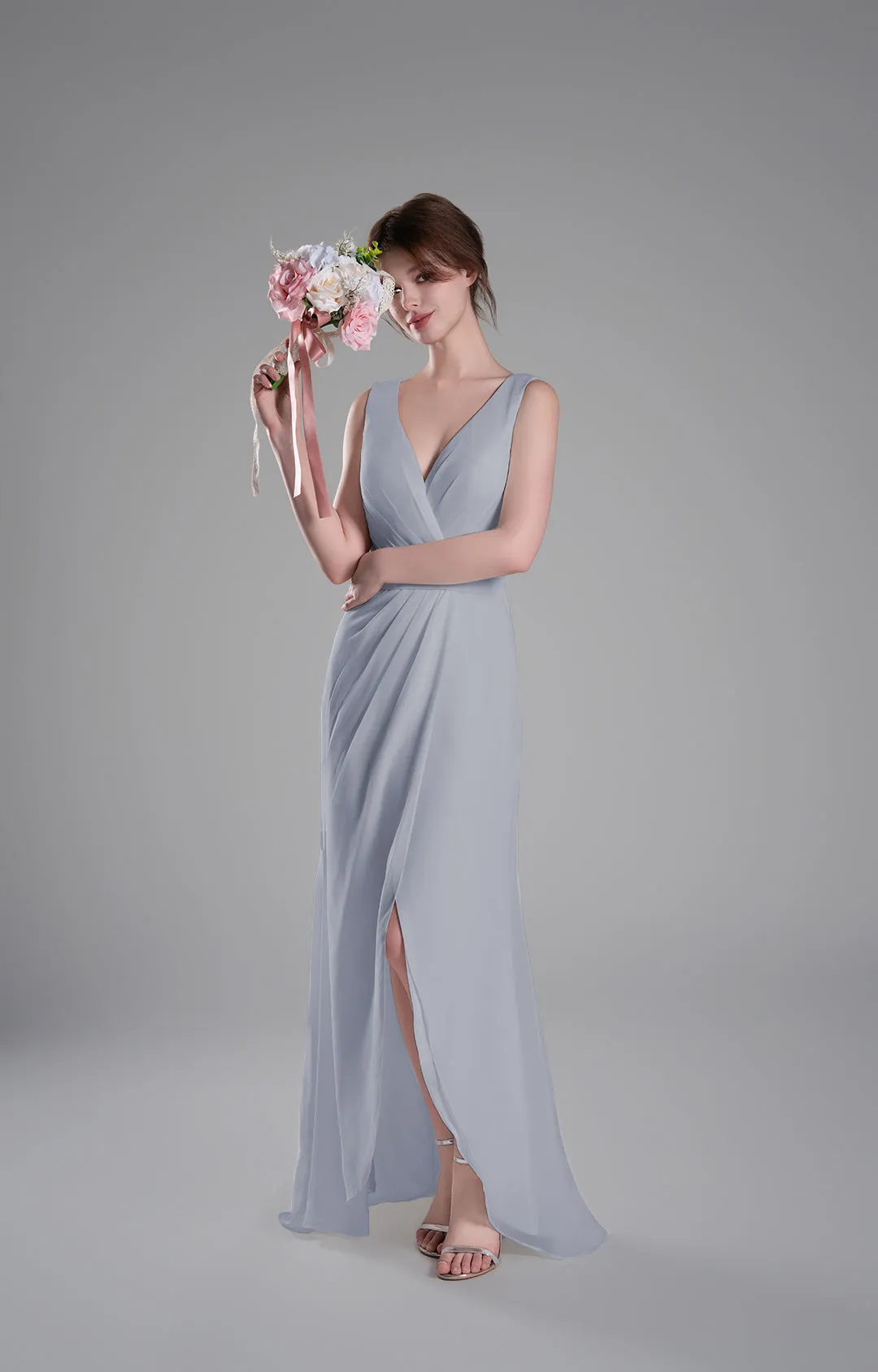 V-Neck Crossover Bodice Pleated Front Slit Dresses